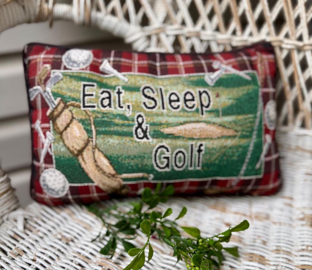 Eat Sleep & Golf Throw Pillow | Golf Tapestry Accent Pillow | Red Plaid Golf